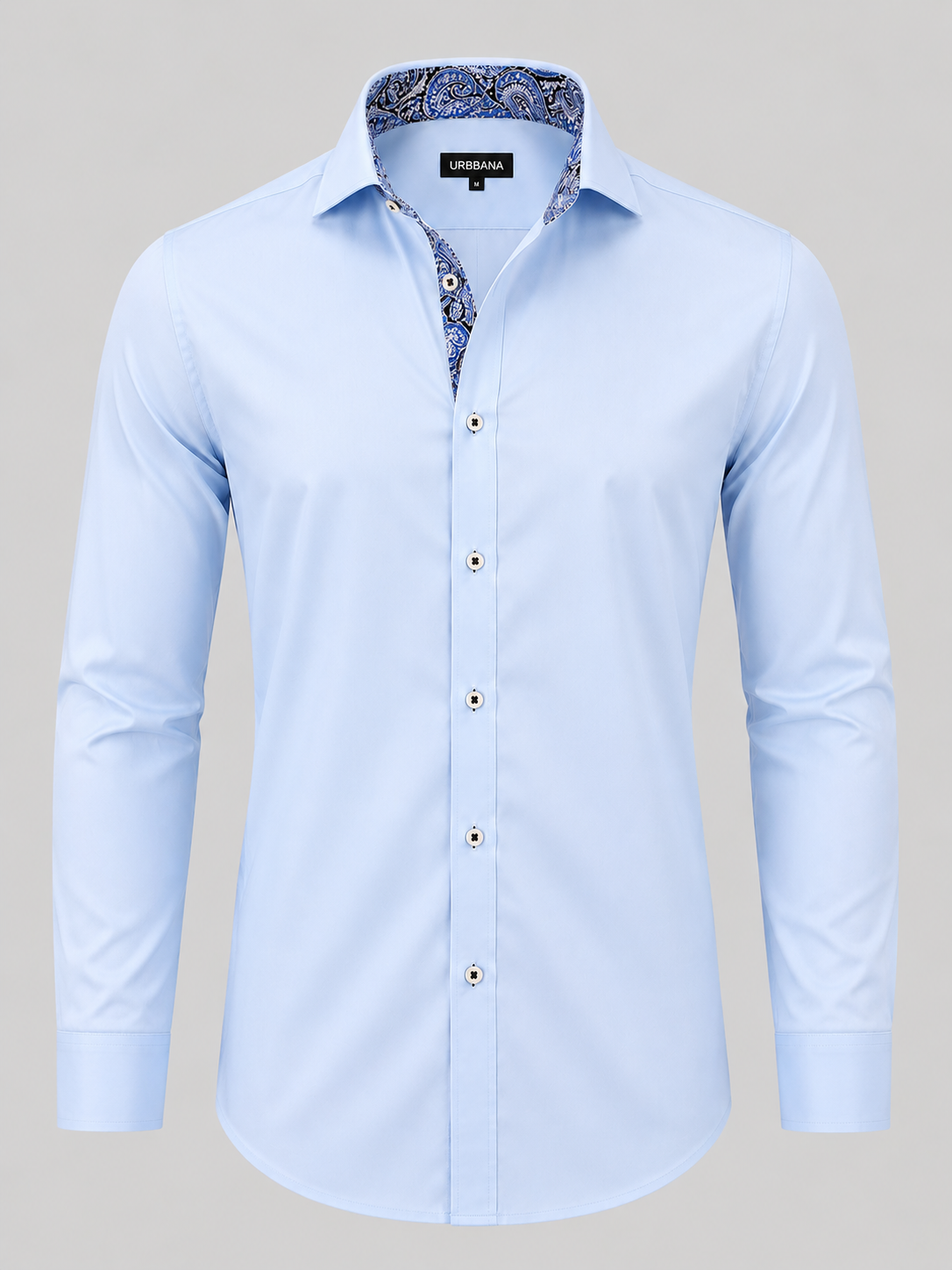 Light blue Dawson shirt with blue paisley collar lining, shown from the front.