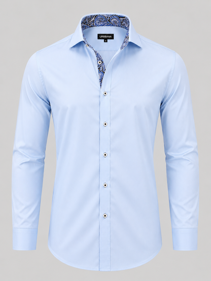 Light blue Dawson shirt with blue paisley collar lining, shown from the front.