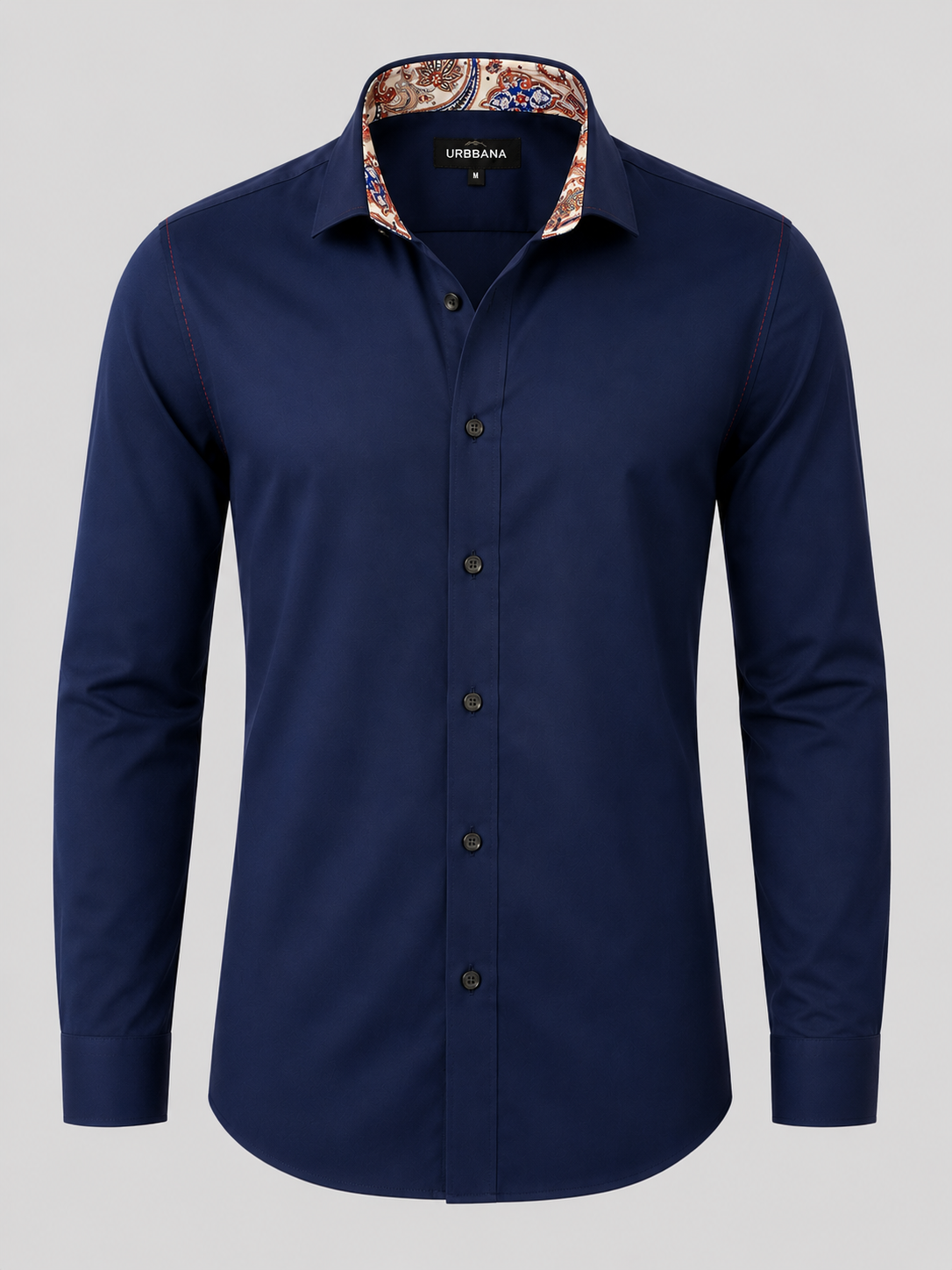 Navy Dawson shirt with red and blue paisley collar lining, shown from the front.