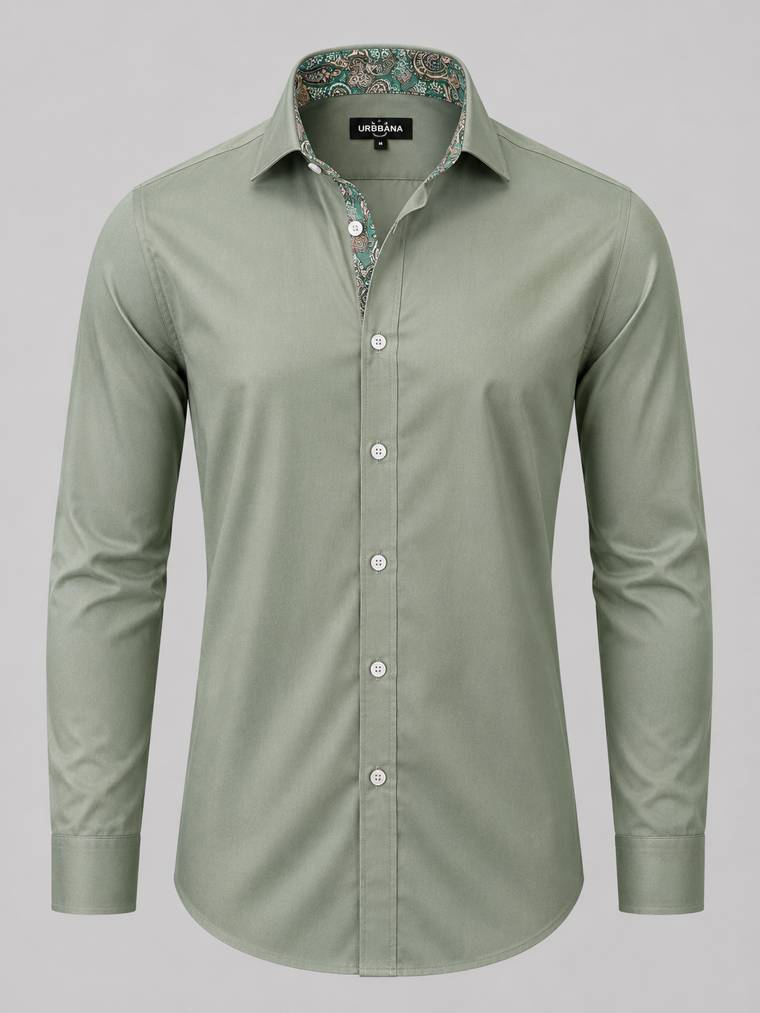Pastel green Dawson shirt with green paisley collar lining, shown from the front.