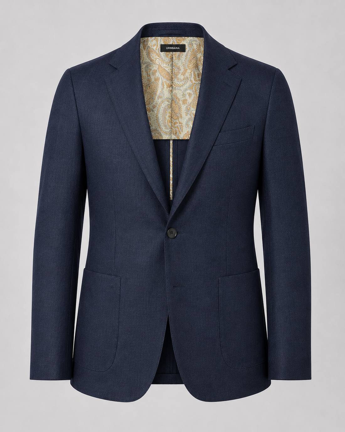 Dark navy Etreta linen blazer with notch lapels and patterned collar lining.