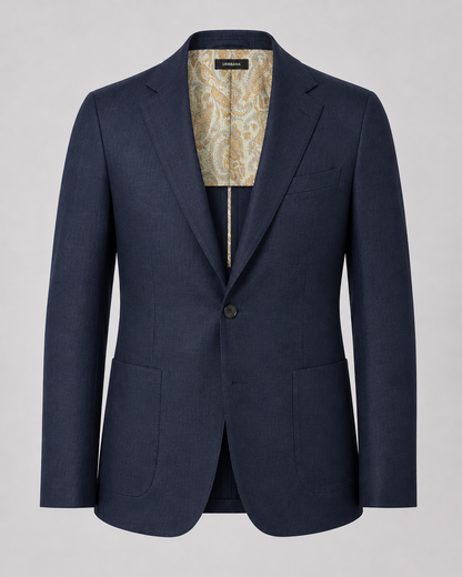 Dark navy Etreta linen blazer with notch lapels and patterned collar lining.