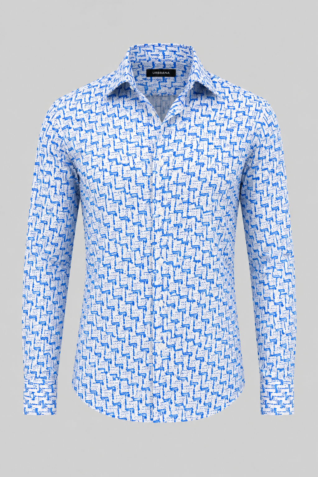 Klimt shirt with a light blue geometric print, shown from the front.