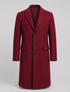 Burgundy red London single-breasted overcoat with notch lapels.