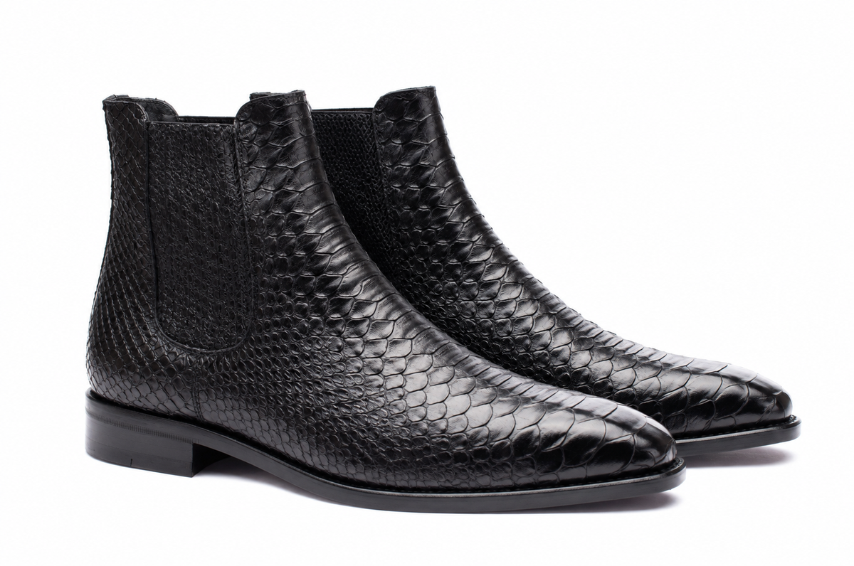 URBBANA Black Snakeskin Chelsea Boots, studio pair.