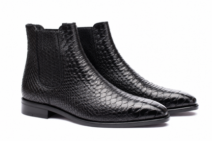 URBBANA Black Snakeskin Chelsea Boots, studio pair.