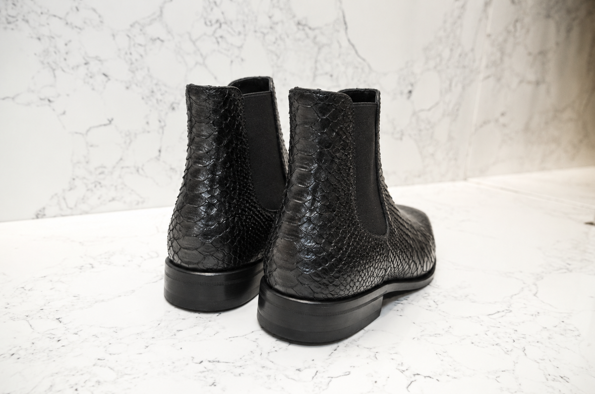 URBBANA Black Snakeskin Chelsea Boots, rear view.