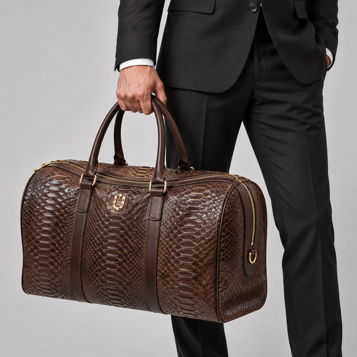URBBANA Brown Nuno Python Duffel Bag, carried with a black suit.