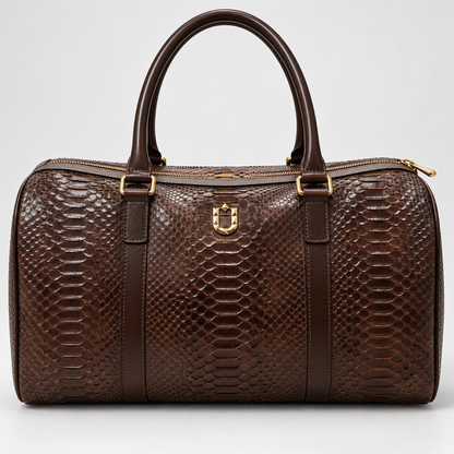 URBBANA Brown Nuno Python Duffel Bag, front view.