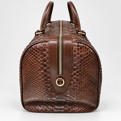 URBBANA Brown Nuno Python Duffel Bag, side view.