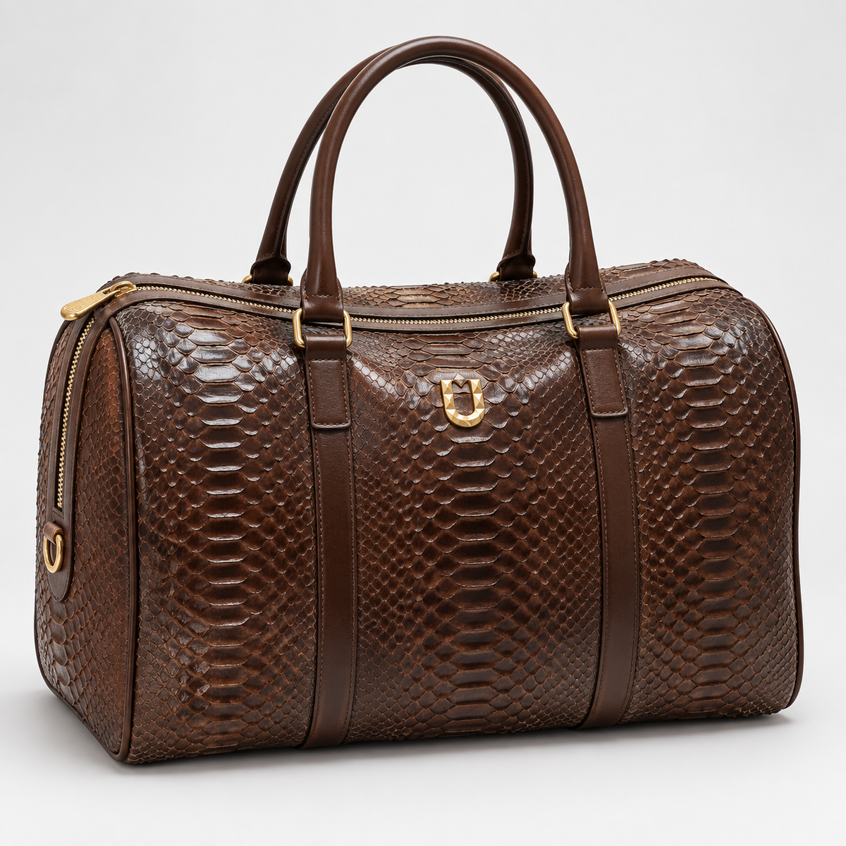 URBBANA Brown Nuno Python Duffel Bag, three-quarter view.