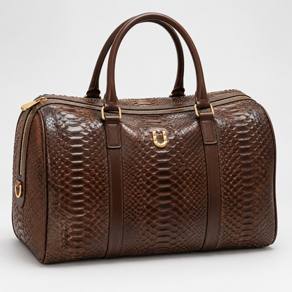 URBBANA Brown Nuno Python Duffel Bag, three-quarter view.