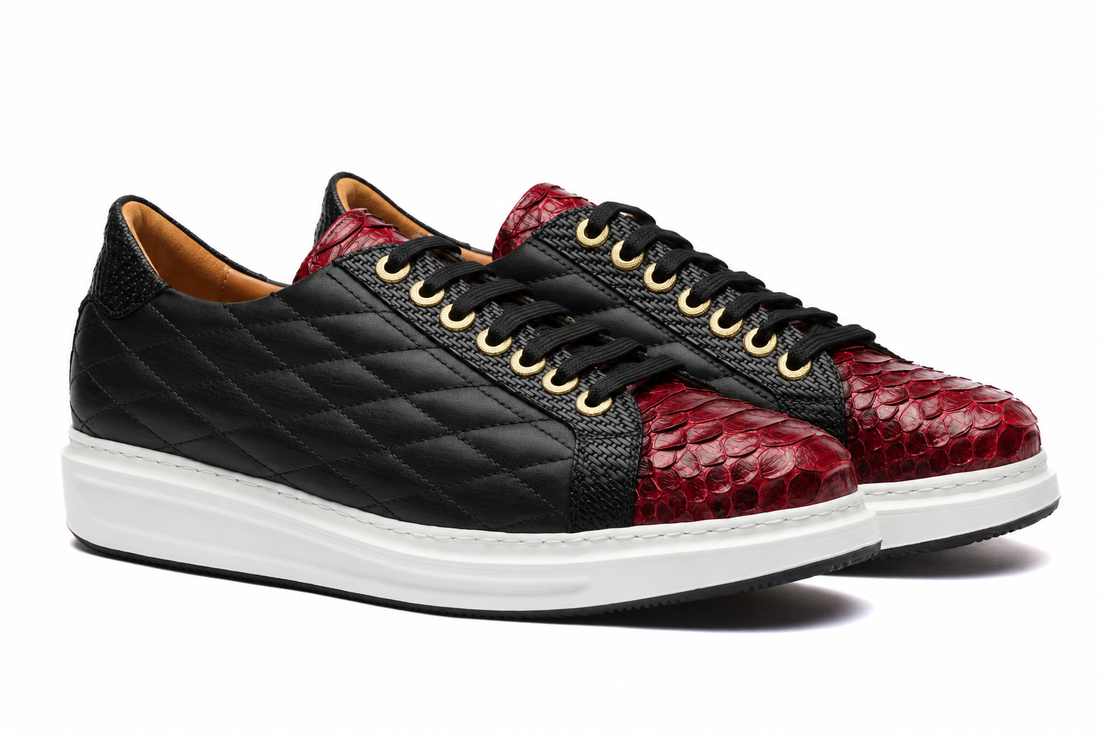 URBBANA Danilo Python sneakers in black and red, pair front view.