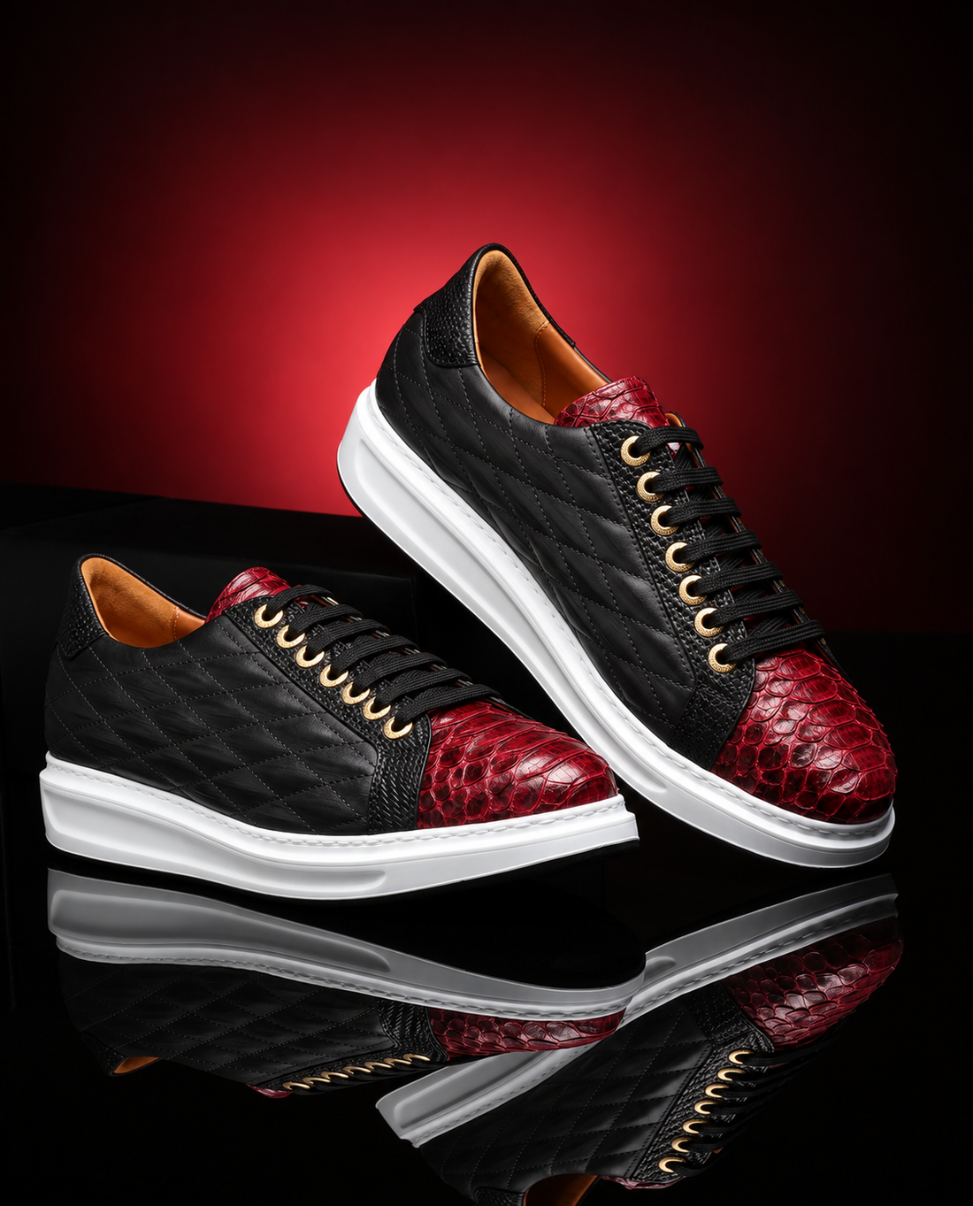 URBBANA Danilo Python sneakers in black and red, studio pair view.