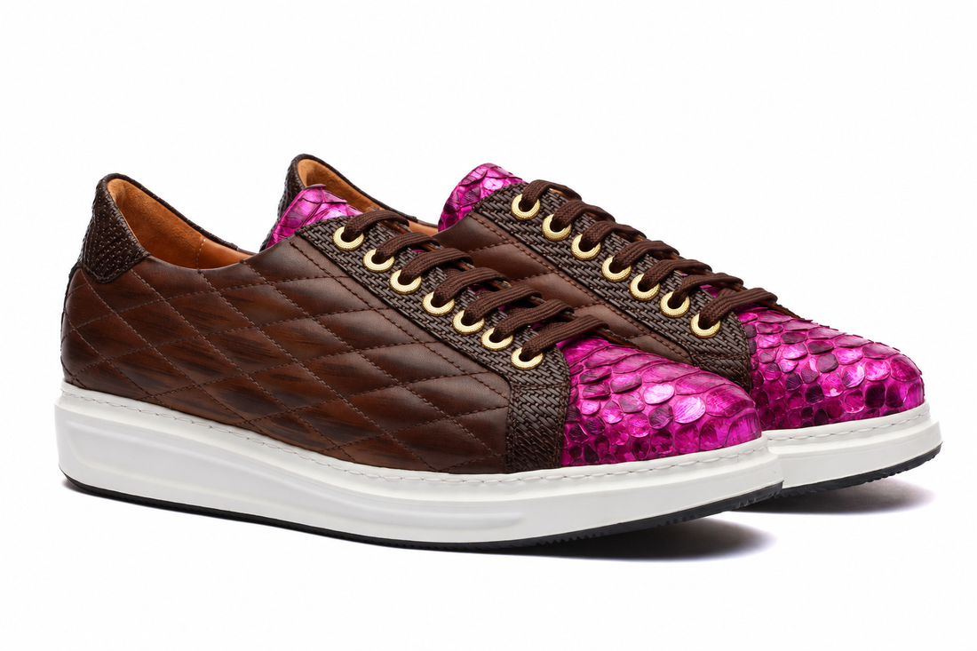 URBBANA Danilo Python sneakers in brown and pink, pair front view.