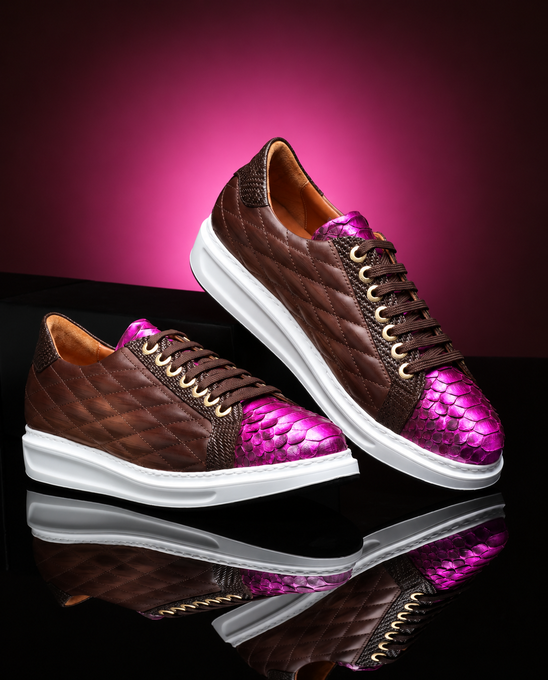 URBBANA Danilo Python sneakers in brown and pink, studio pair view.