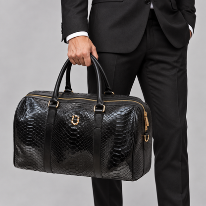 URBBANA Nuno Black Python Duffel Bag, carried with a black suit.
