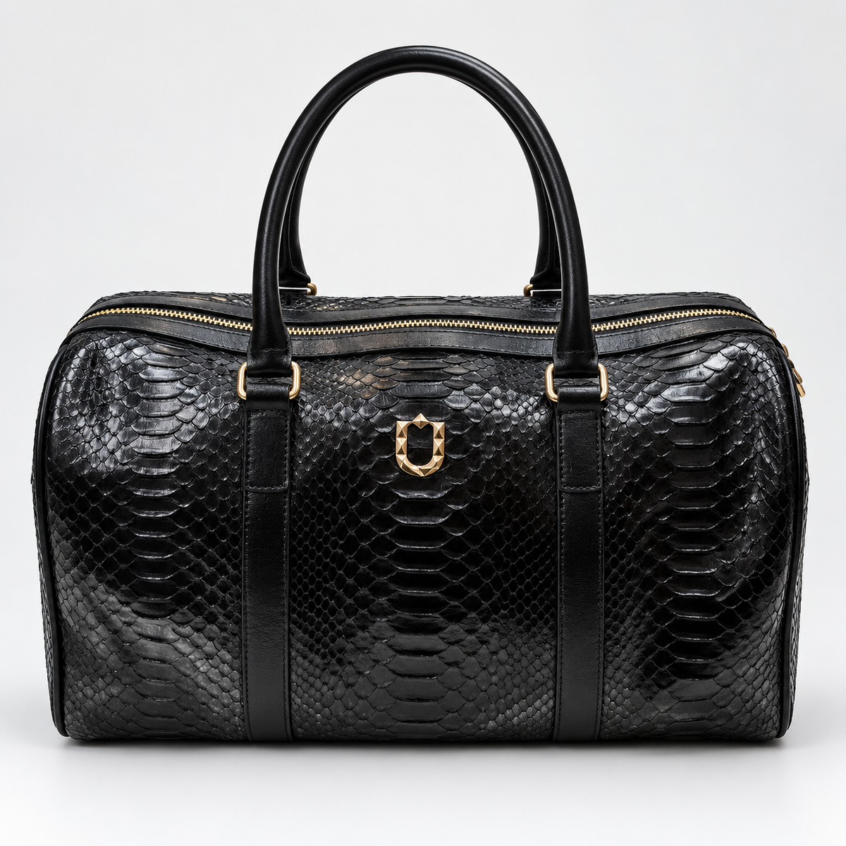 URBBANA Nuno Black Python Duffel Bag, front view.
