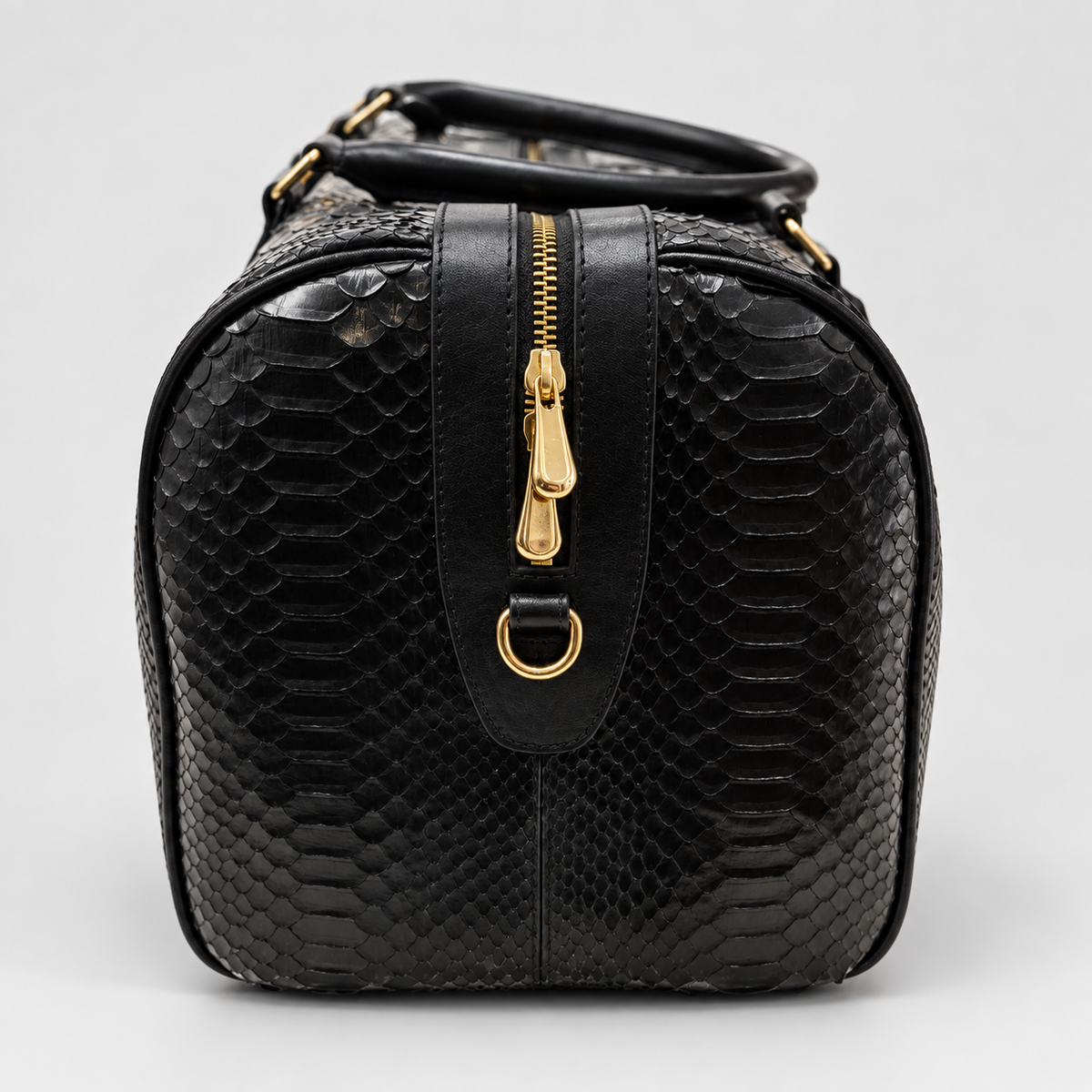 URBBANA Nuno Black Python Duffel Bag, side view.