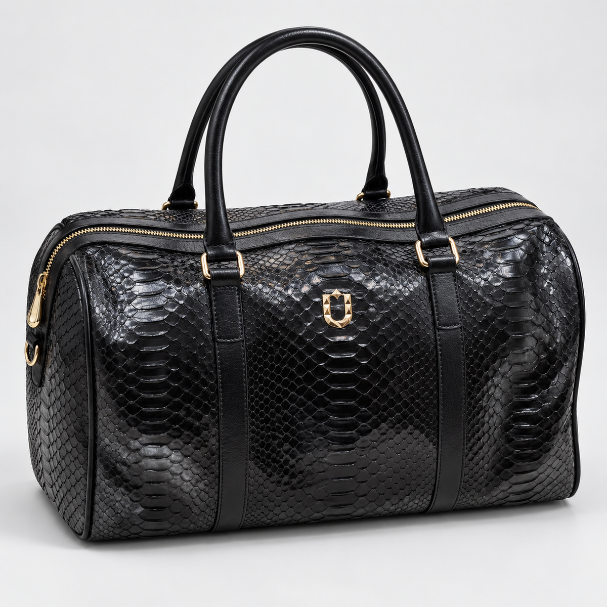 URBBANA Nuno Black Python Duffel Bag, three-quarter view.