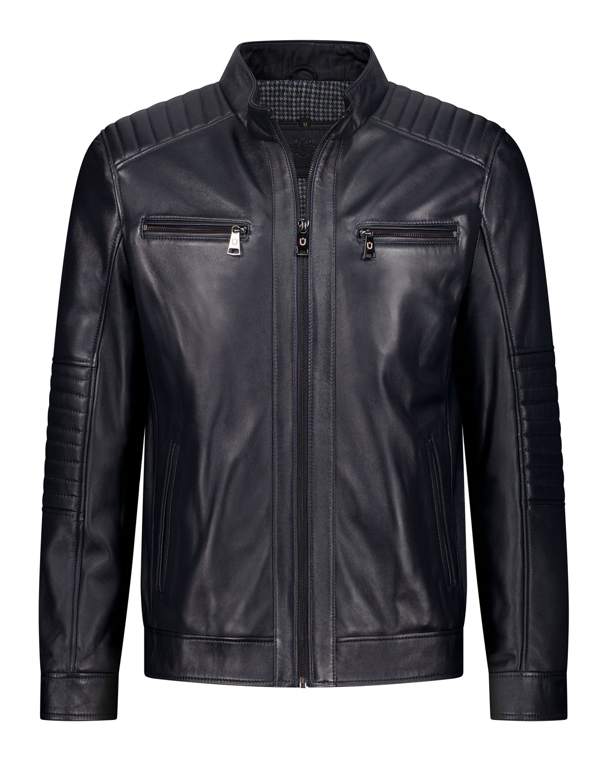 URBBANA midnight-navy cafe-racer leather jacket.
