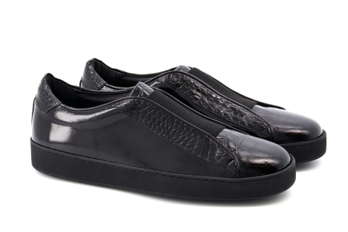 Miguel Croc Embossed Sneakers - Black - URBBANA Handmade Shoes