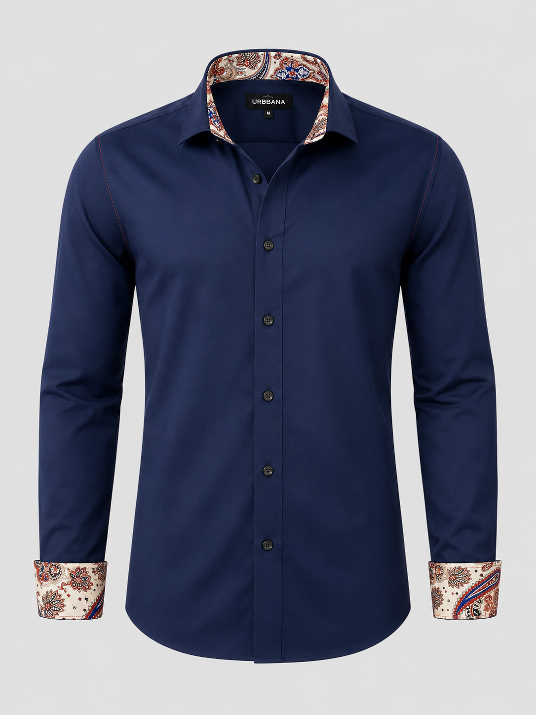 Navy shirt with beige paisley collar lining and turned-back cuffs.