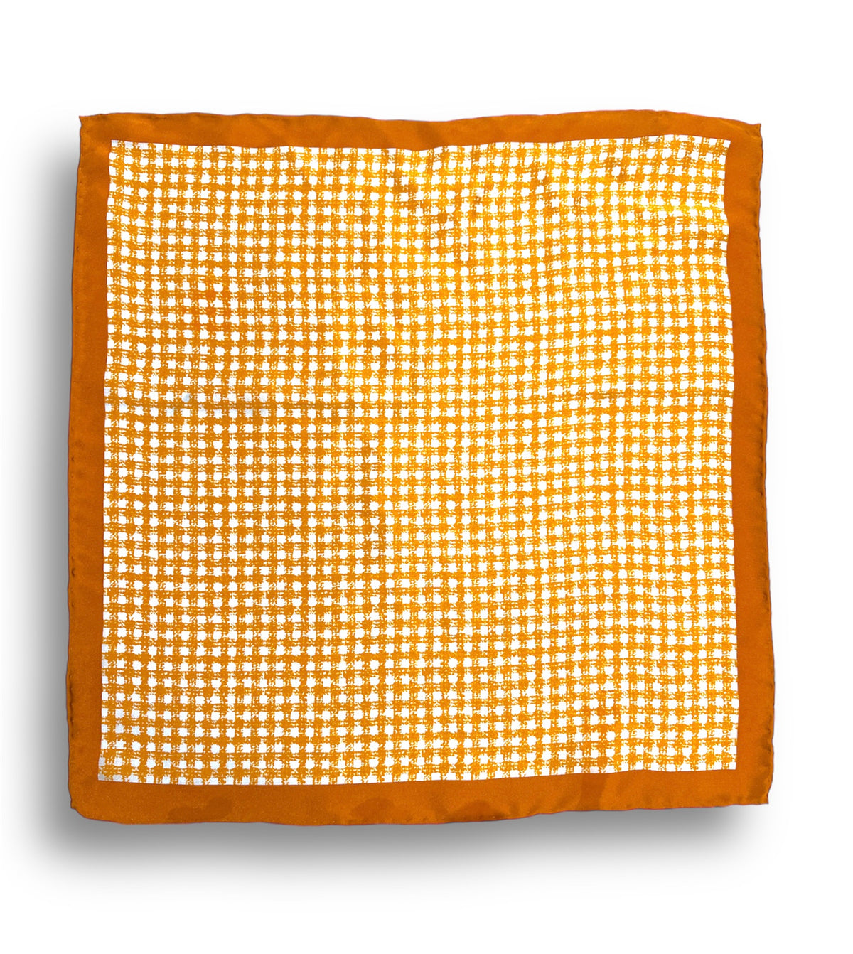URBBANA pocket square with orange trim and gingham pattern.