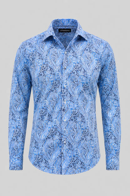 Plato shirt with a tonal cobalt blue paisley print, shown from the front.
