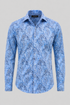 Plato shirt with a tonal cobalt blue paisley print, shown from the front.