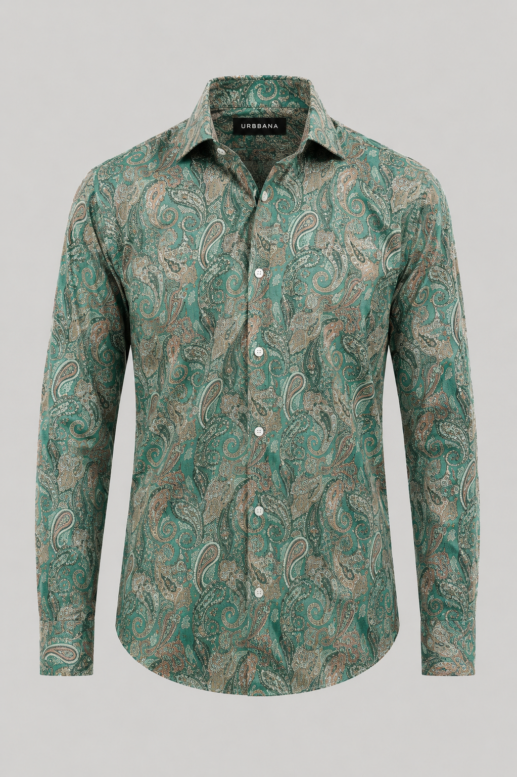 Schopenhauer shirt with an intricate green paisley print, shown from the front.