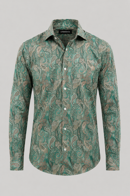 Schopenhauer shirt with an intricate green paisley print, shown from the front.