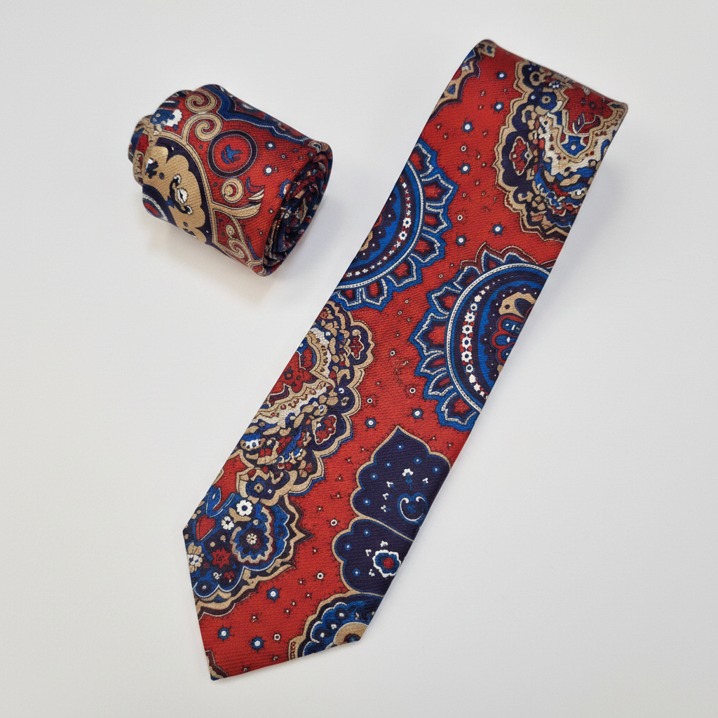 Siena silk tie and matching pocket square with red, blue and cream medallions.