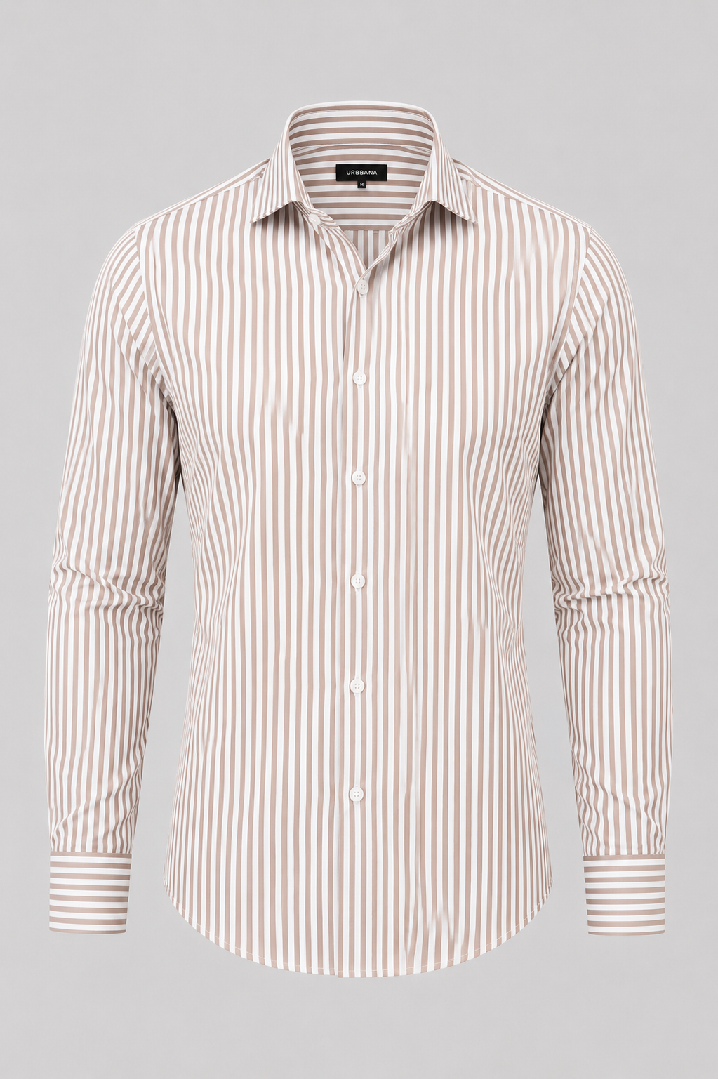 Crème Warhol shirt with fine rust vertical stripes, shown from the front.