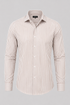 Crème Warhol shirt with fine rust vertical stripes, shown from the front.