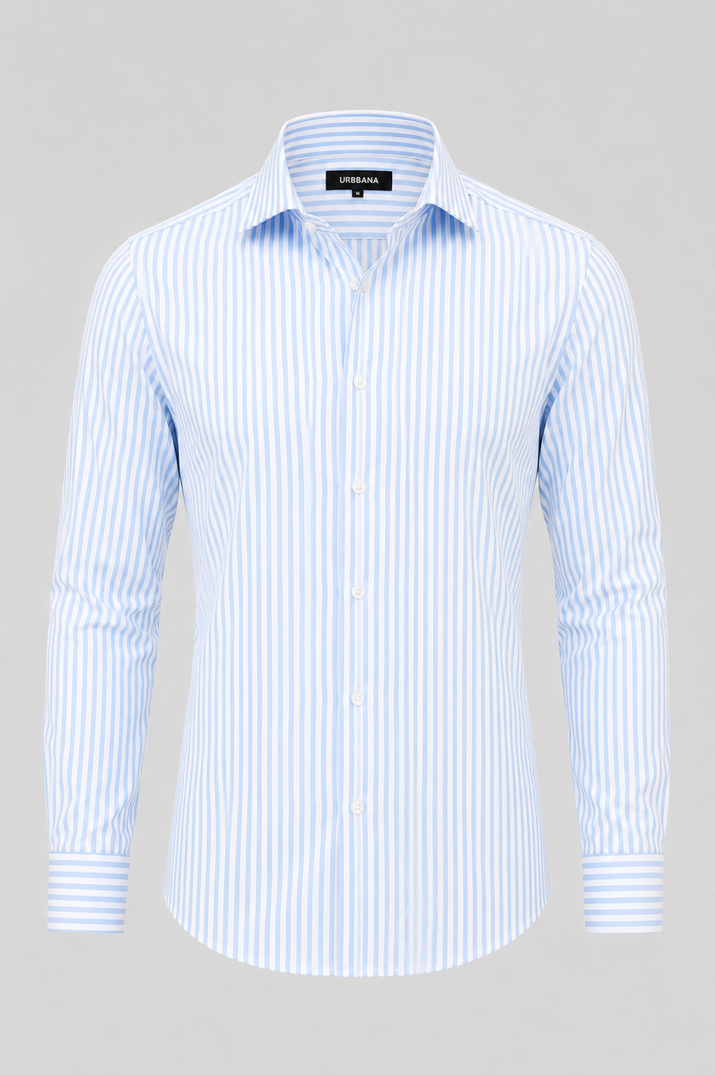 Light blue Warhol shirt with fine white vertical stripes, shown from the front.