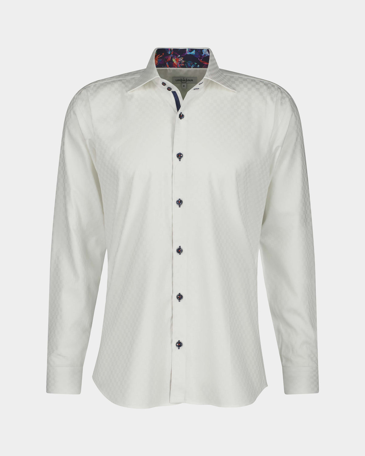 URBBANA white shirt with geometric jacquard texture.