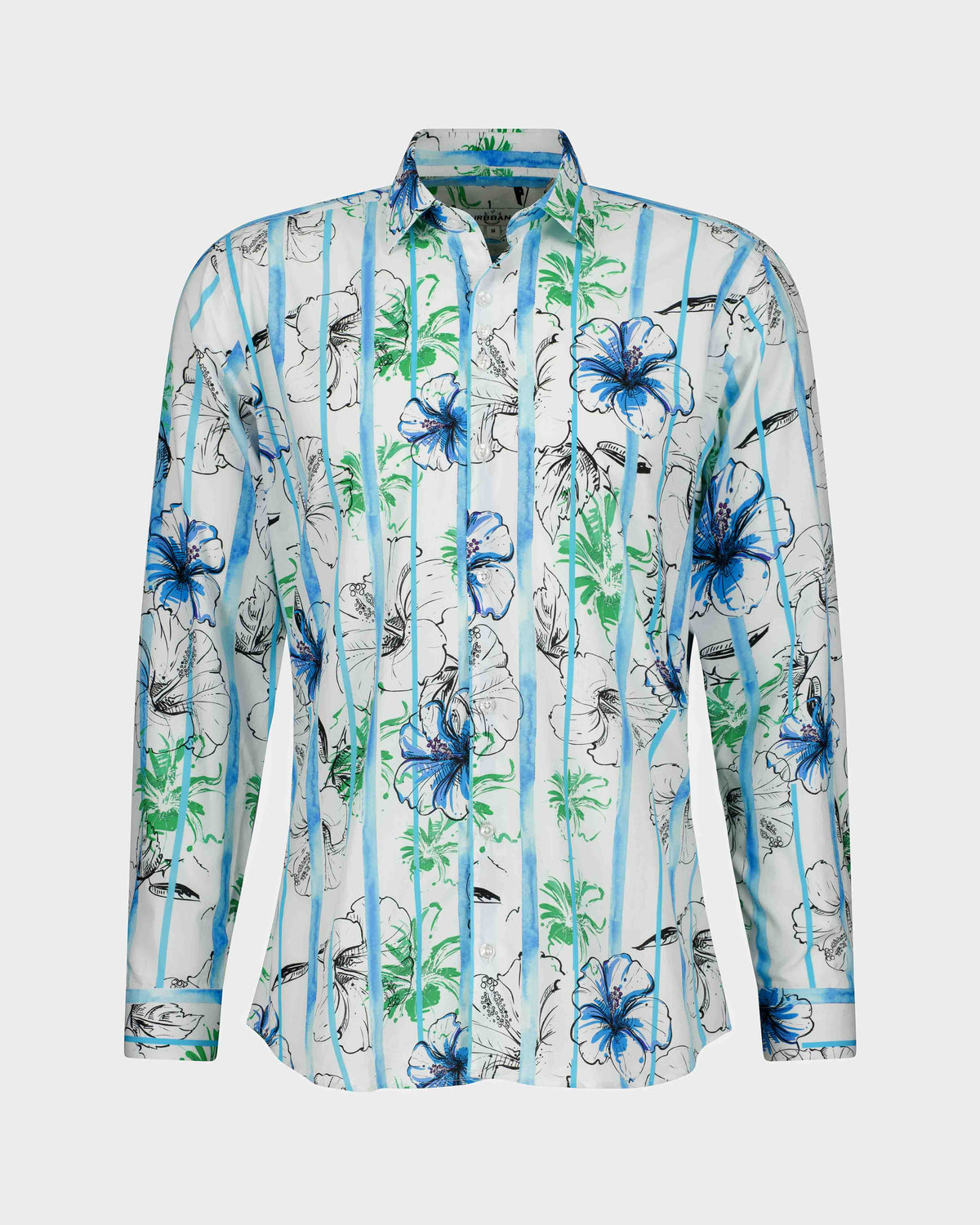 URBBANA white cotton shirt with pastel floral design.