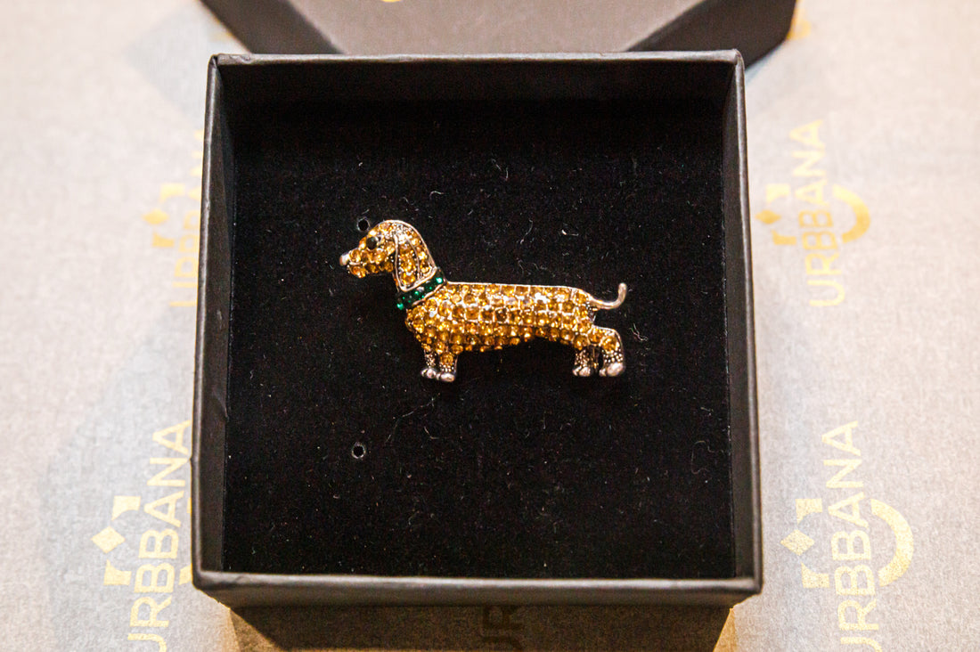 Embellished Dachshund Lapel Pin - Brown and Green - Lapel Pin by Urbbana