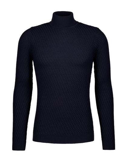 Textured Knit Turtleneck Sweater -  Navy - Sweater by Urbbana