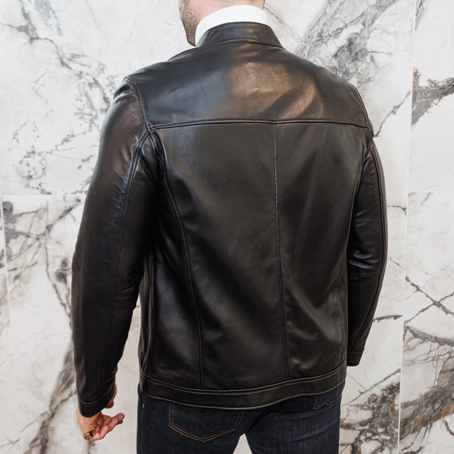 Lambskin Leather Biker Jacket - Black - Leather Jacket by Urbbana