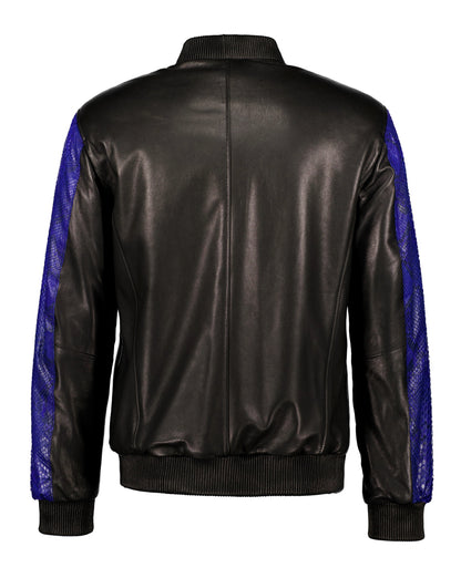 Python and Lambskin Leather Jacket - Blue/Black - Leather Jacket by Urbbana