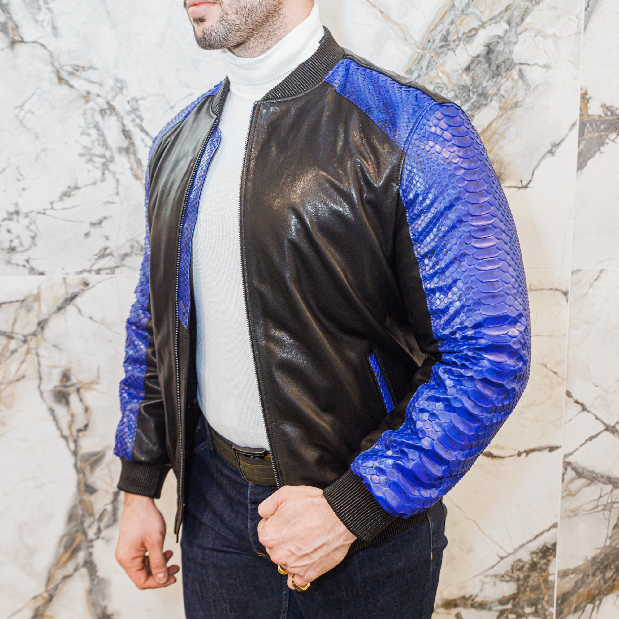 Python and Lambskin Leather Jacket - Blue/Black - Leather Jacket by Urbbana