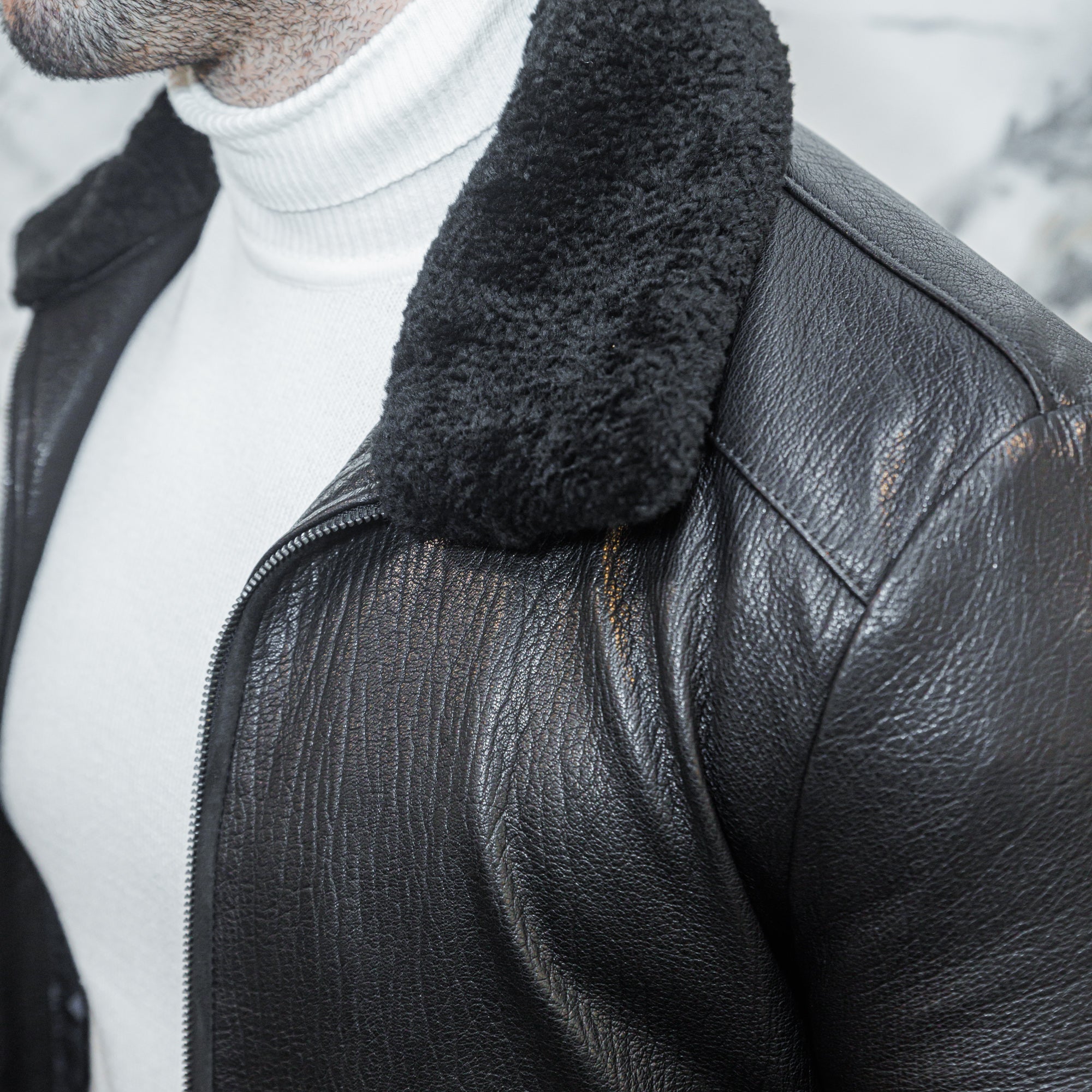 Shearling Collar Leather Jacket - Black - Leather Jacket by Urbbana